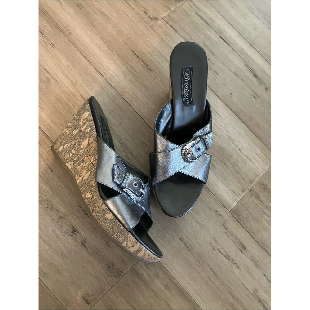 Brighton made in Italy silver slide side buckle cork wedge women’s heels. 8.5